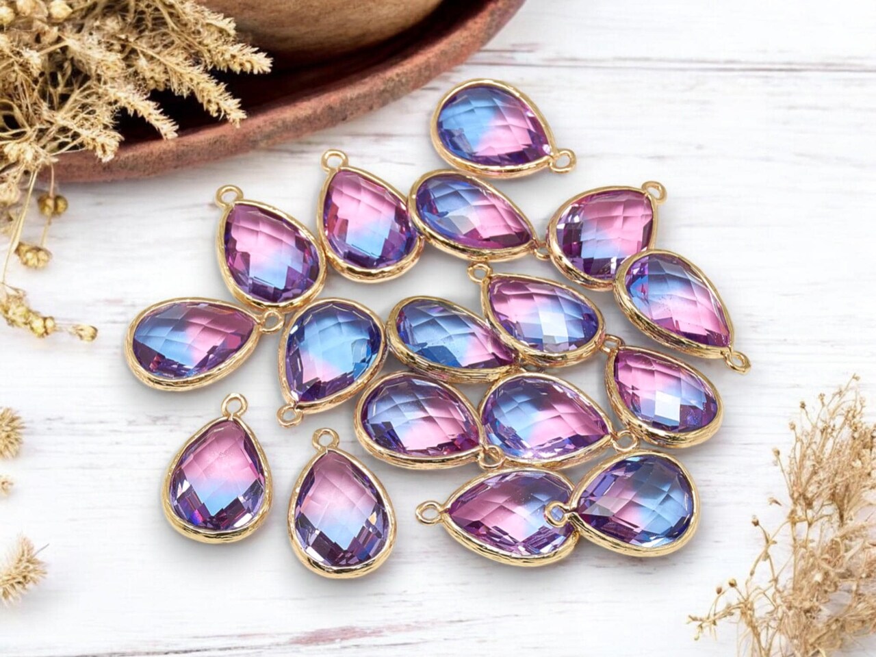 *5* 23x15mm Gold Plated Brass Faceted Teardrop Charms (Blue Amethyst)